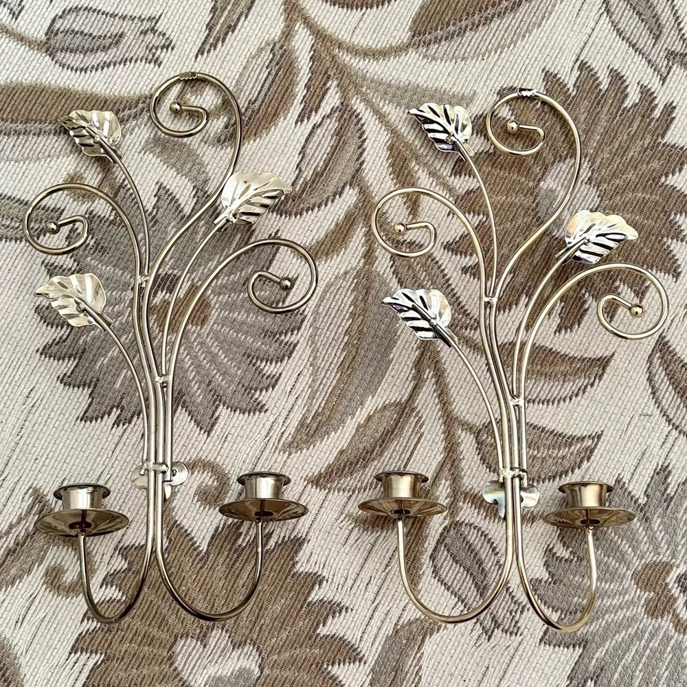 2 Home Interiors Vintage Candle Holders Wall Sconces Metal Brass Gold Tone MCM
